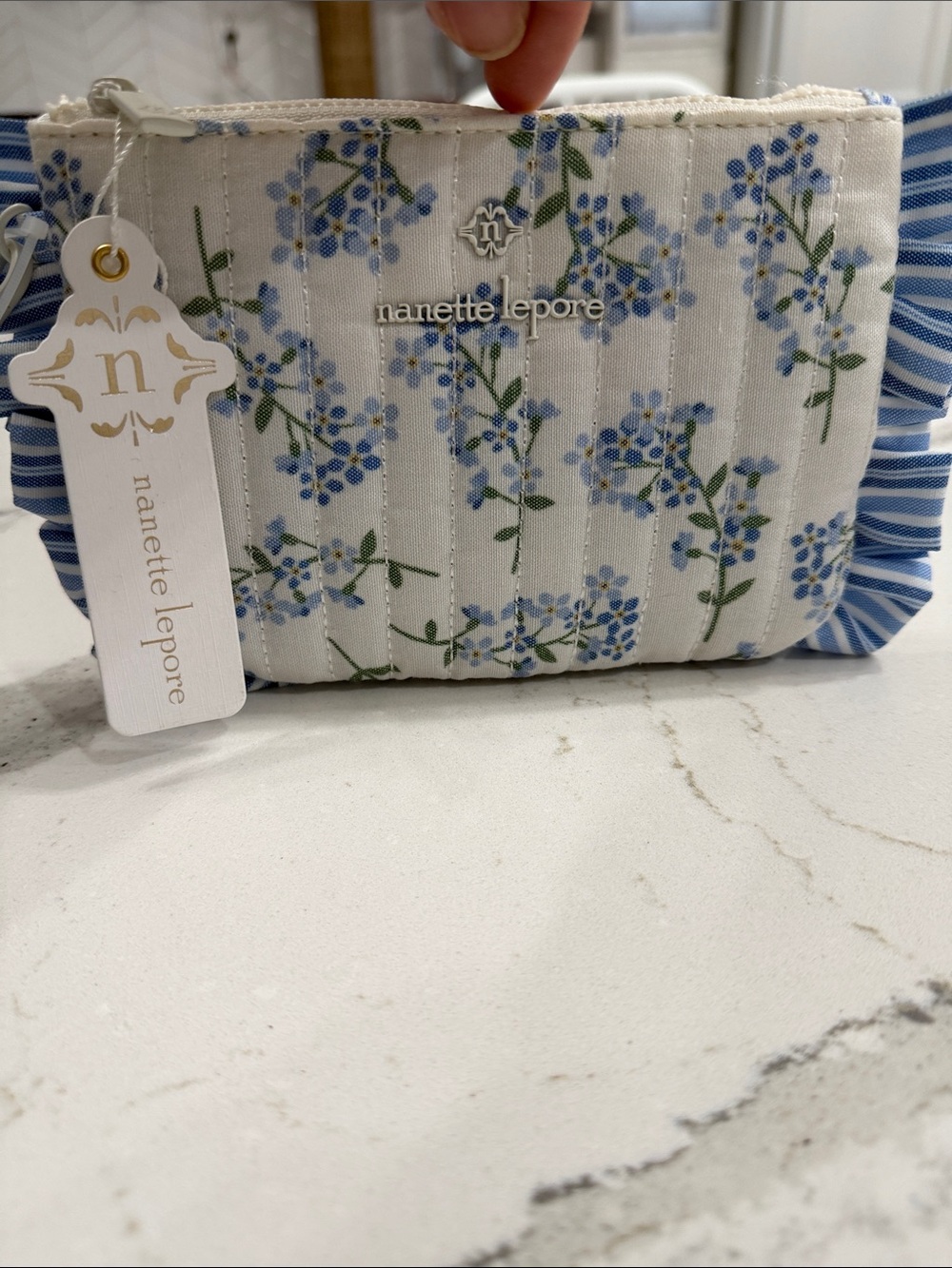 Nanette Lepore Kylee Blue Bonnet Stripe Ruffle Wristlet/Pouch Bag NWT